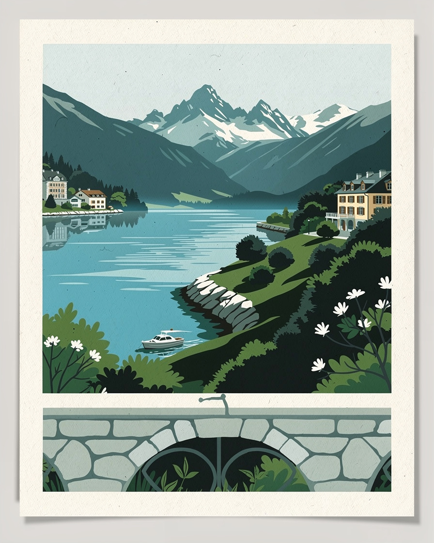 Vue plongeante sur le lac d'Annecy depuis un parapet, les adresses en hauteur des coteaux