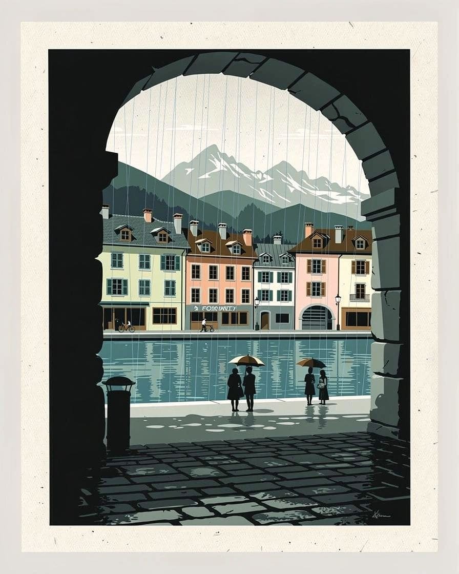 People under umbrellas in the arcaded streets of Annecy old town, wet cobblestones