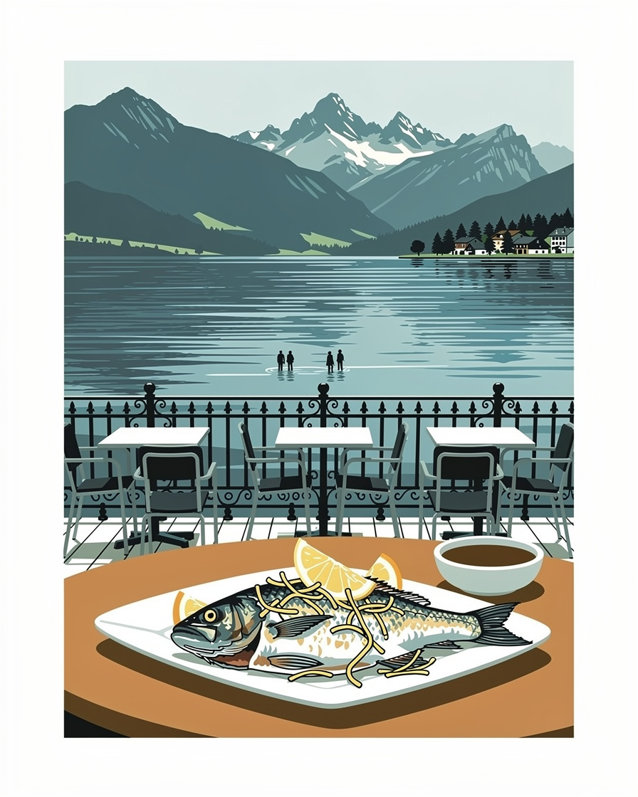 Assiette de friture de poisson du lac servie en terrasse à Veyrier-du-Lac, citron et sauce en accompagnement, vue sur l'eau en arrière-plan