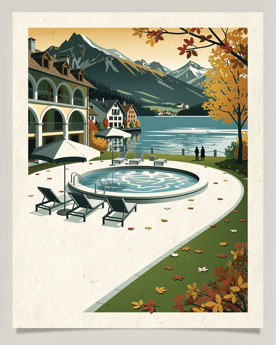 Bain bouillonnant extérieur d'un camping 5 étoiles à Doussard, sud du lac d'Annecy, transats et parasols alentour