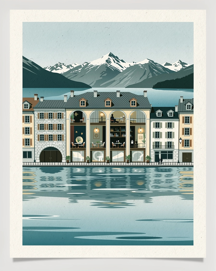 Bar d'ambiance Art déco dans un hôtel du bord du lac d'Annecy, mobilier années 1930, verrerie et éclairage tamisé