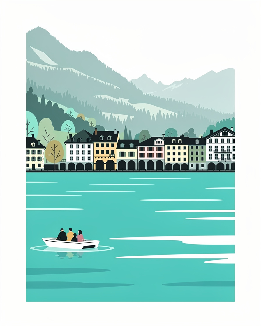 Petit bateau électrique blanc sans permis avec quatre passagers sur l'eau turquoise du lac d'Annecy, montagnes boisées au loin
