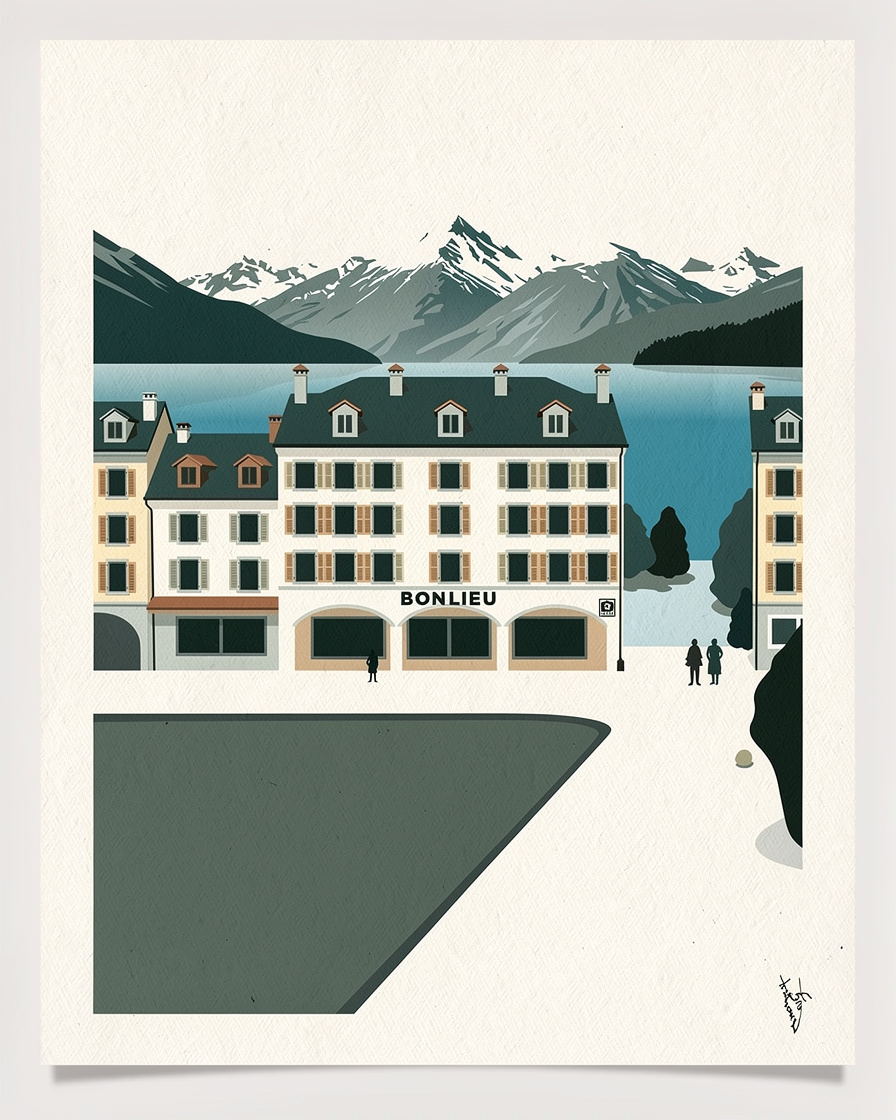Bâtiment de l'office de tourisme du lac d'Annecy à Bonlieu, façade moderne avec panneaux d'information touristique