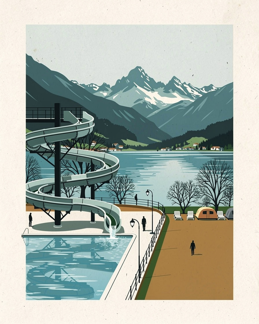 Camping 5 étoiles avec piscine et toboggans à Doussard, rive sud du lac d'Annecy, montagnes en arrière-plan