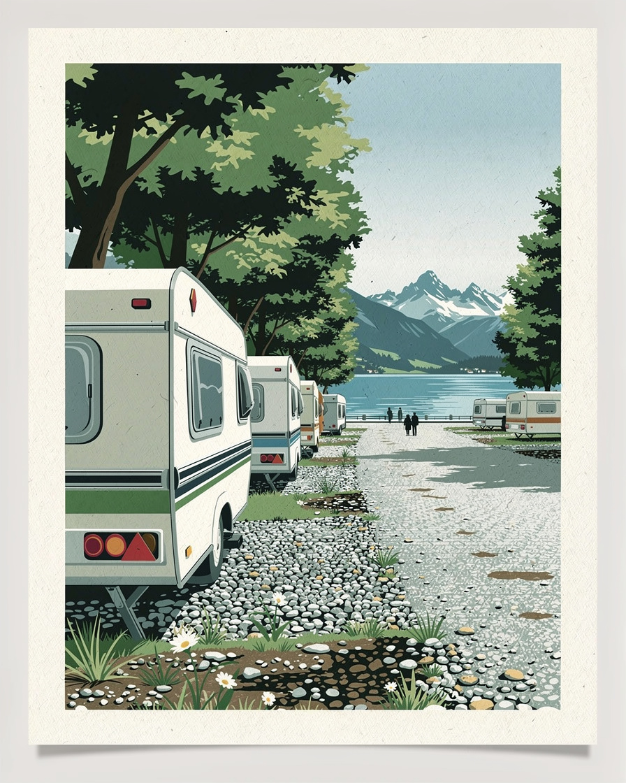 Allée de mobil-homes sous les arbres dans un petit camping familial à Doussard, sud du lac d'Annecy, montagnes en arrière-plan