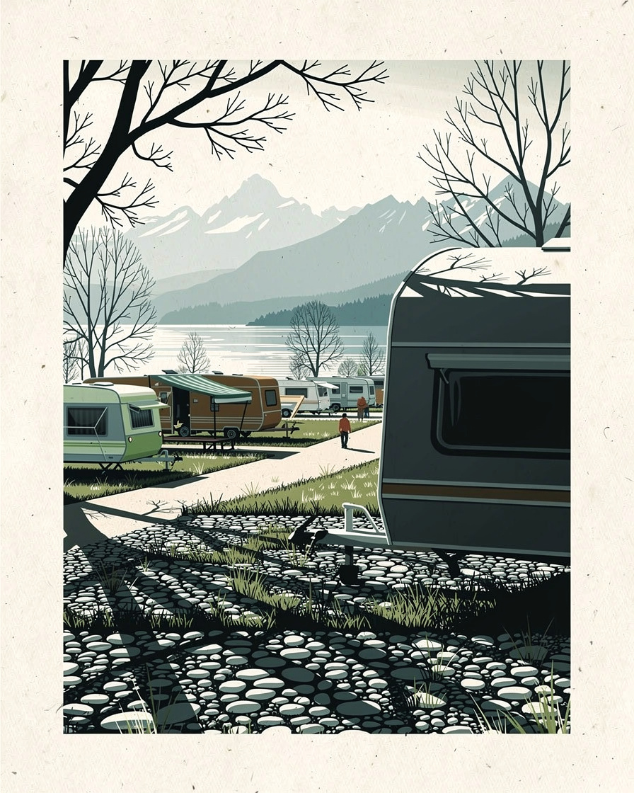Allée de mobil-homes et d'emplacements ombragés dans un camping de Lathuile au bout du lac d'Annecy, massif des Bauges au loin