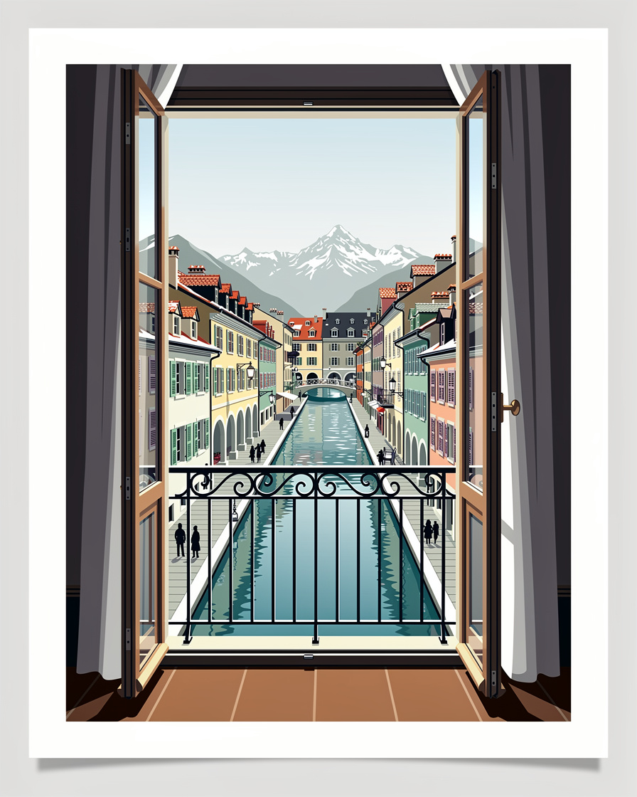 Chambre d'hôtel avec balcon donnant sur un canal du centre historique d'Annecy, vue sur les toits et les montagnes au loin