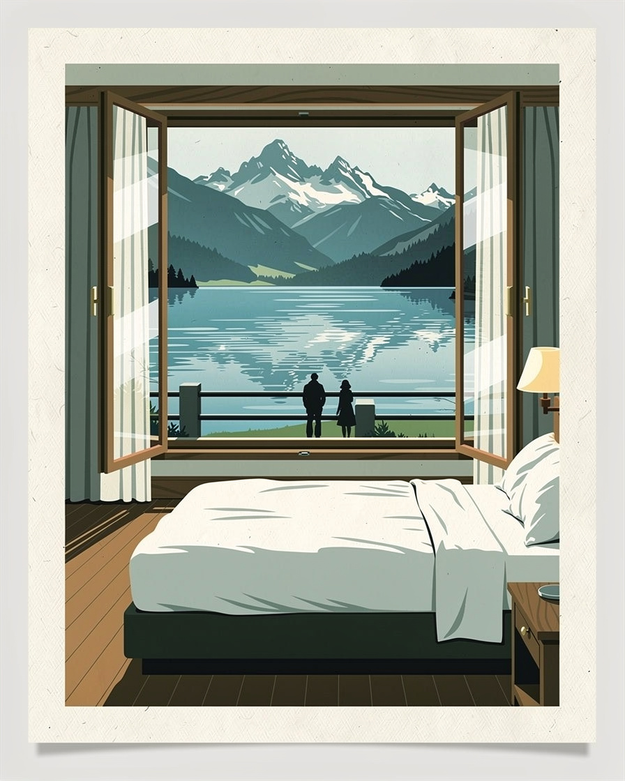 Chambre d'hôtel avec grande fenêtre ouverte sur le lac d'Annecy, lit fait et vue sur l'eau et les montagnes