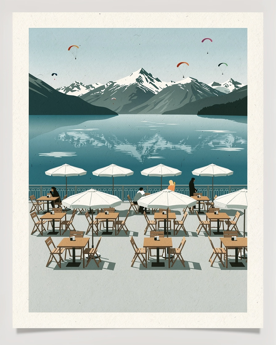 Grande terrasse de restaurant au col de la Forclaz dominant le lac d'Annecy, tables en bois et parasols, parapentes dans le ciel, lac et Semnoz en arrière-plan