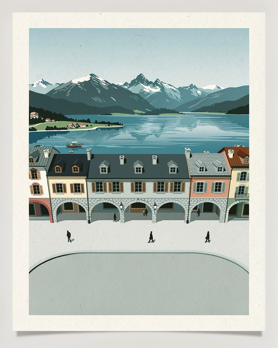 Vue plongeante sur le lac d'Annecy depuis le col de la Forclaz, les deux bassins du lac, la presqu'île de Duingt et la rive ouest, ciel dégagé