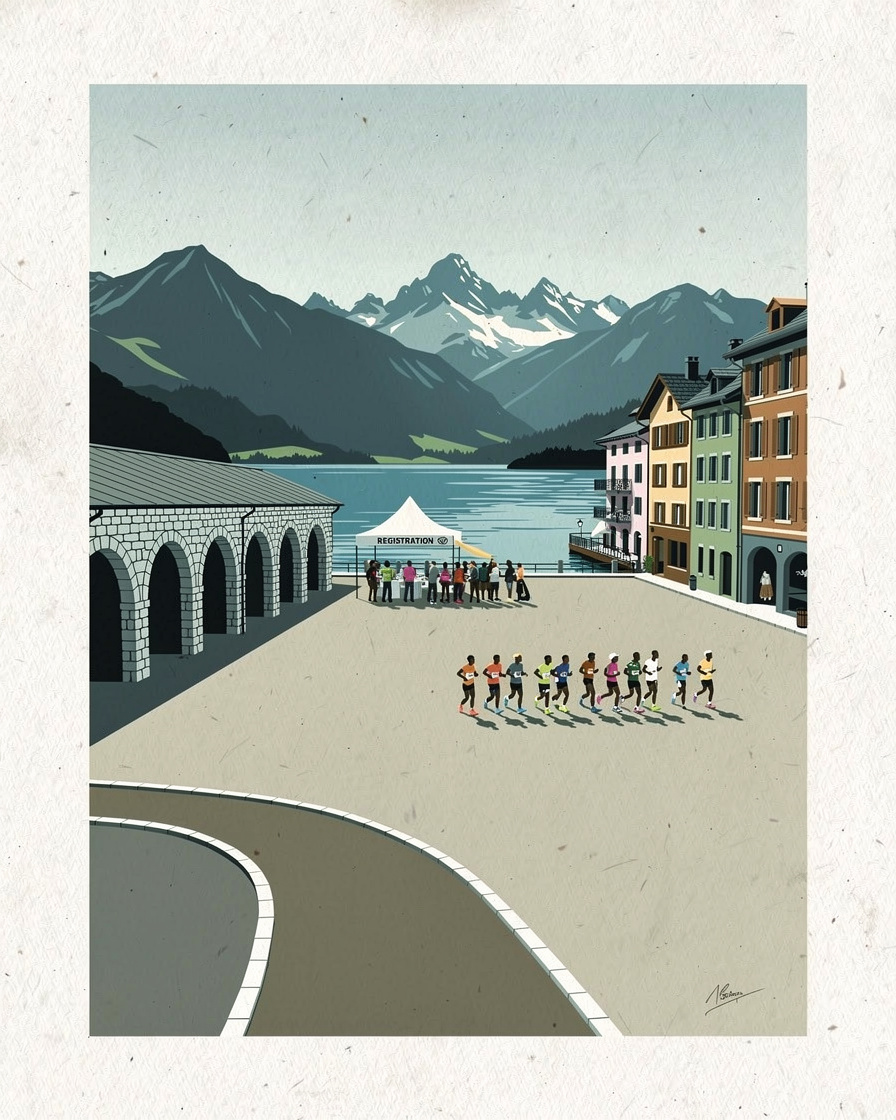 File de coureurs au retrait des dossards sous une tente au Pâquier à Annecy, bord du lac visible en arrière-plan
