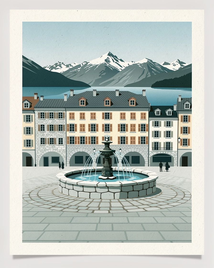 Fontaine à eau potable en fonte sur une petite place pavée d'Annecy