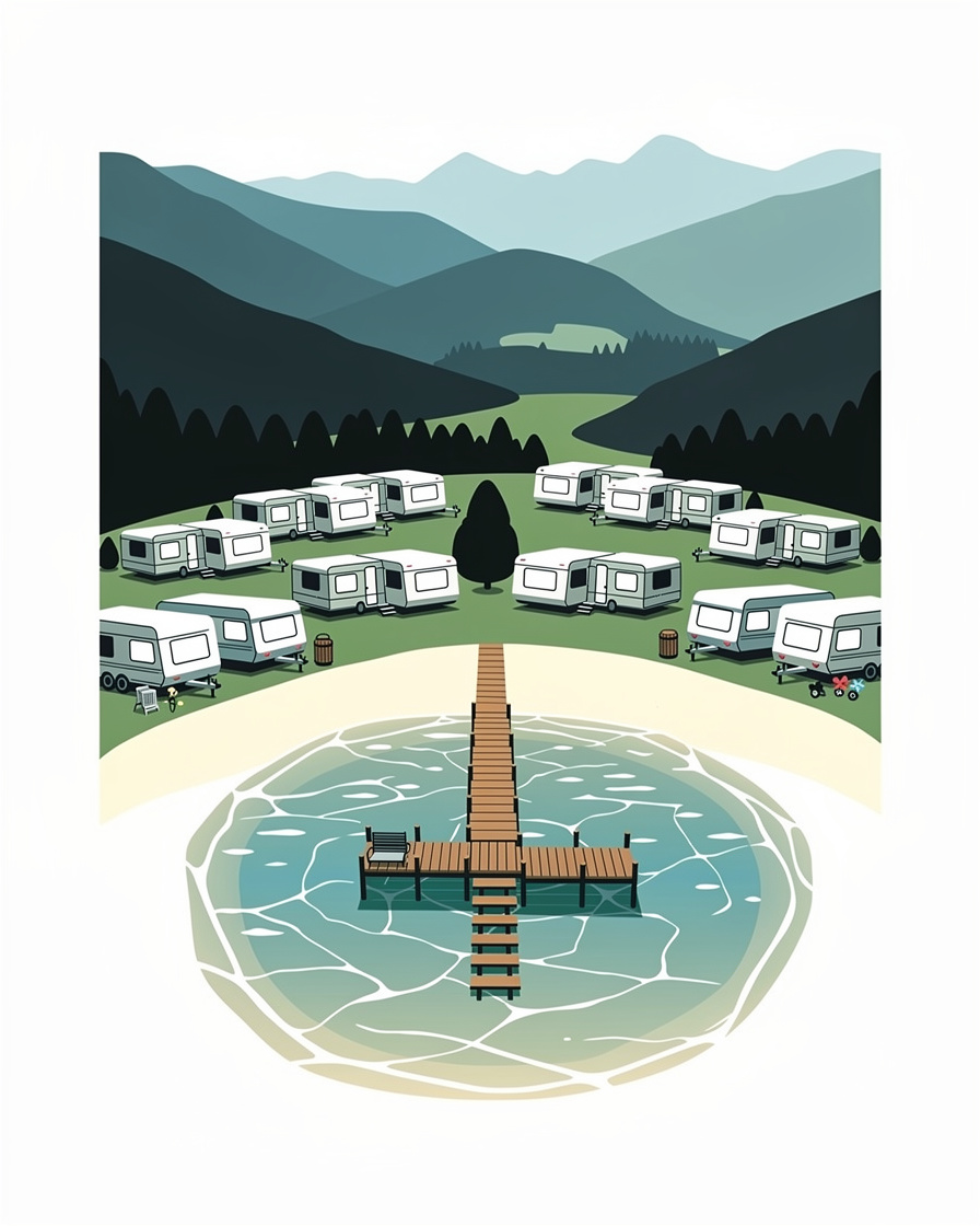 Mobil-homes et plage privée d'un camping à Sevrier sur le lac d'Annecy, pontons en bois et eau transparente