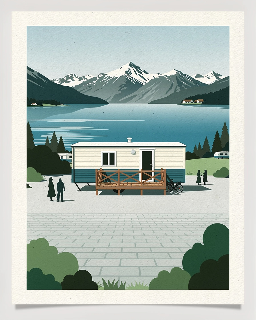Mobil-home avec terrasse en bois dans un camping à Doussard près du lac d'Annecy, entouré de verdure