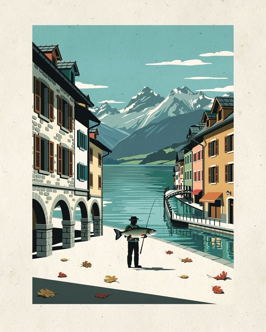 Omble chevalier tenu par un pêcheur au bord du lac d'Annecy, poisson argenté aux reflets orangés typique des lacs alpins