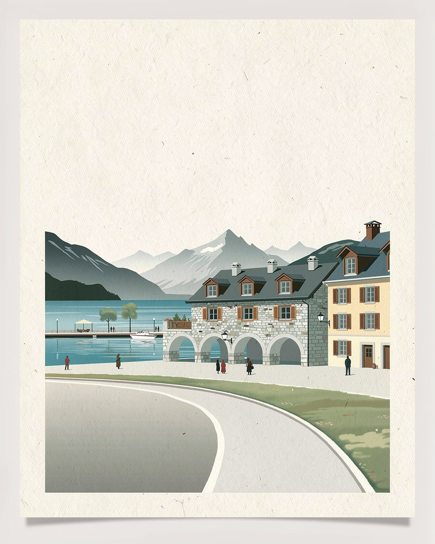 Panneau réglementaire sur une rive publique du lac d'Annecy rappelant l'interdiction de camping et de feux, quai en arrière-plan