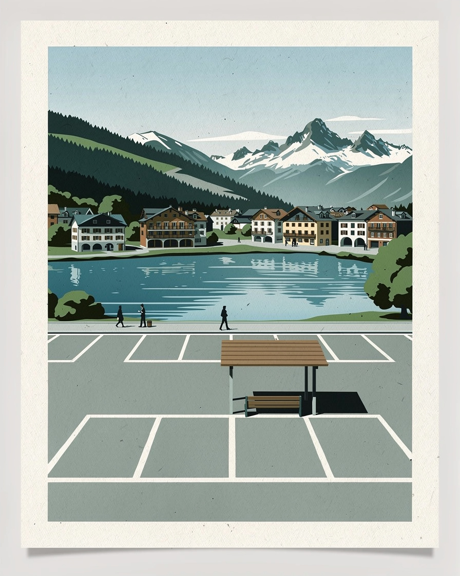 Parking relais de surface en périphérie d'Annecy, rangées de places vides et abri voyageurs