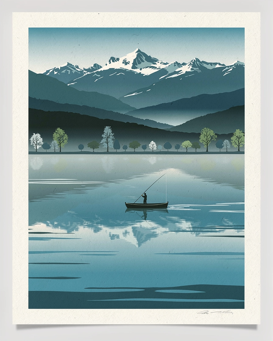 Pêcheur en barque sur le lac d'Annecy tôt le matin, canne à pêche tendue, brume légère sur l'eau et montagnes en arrière-plan