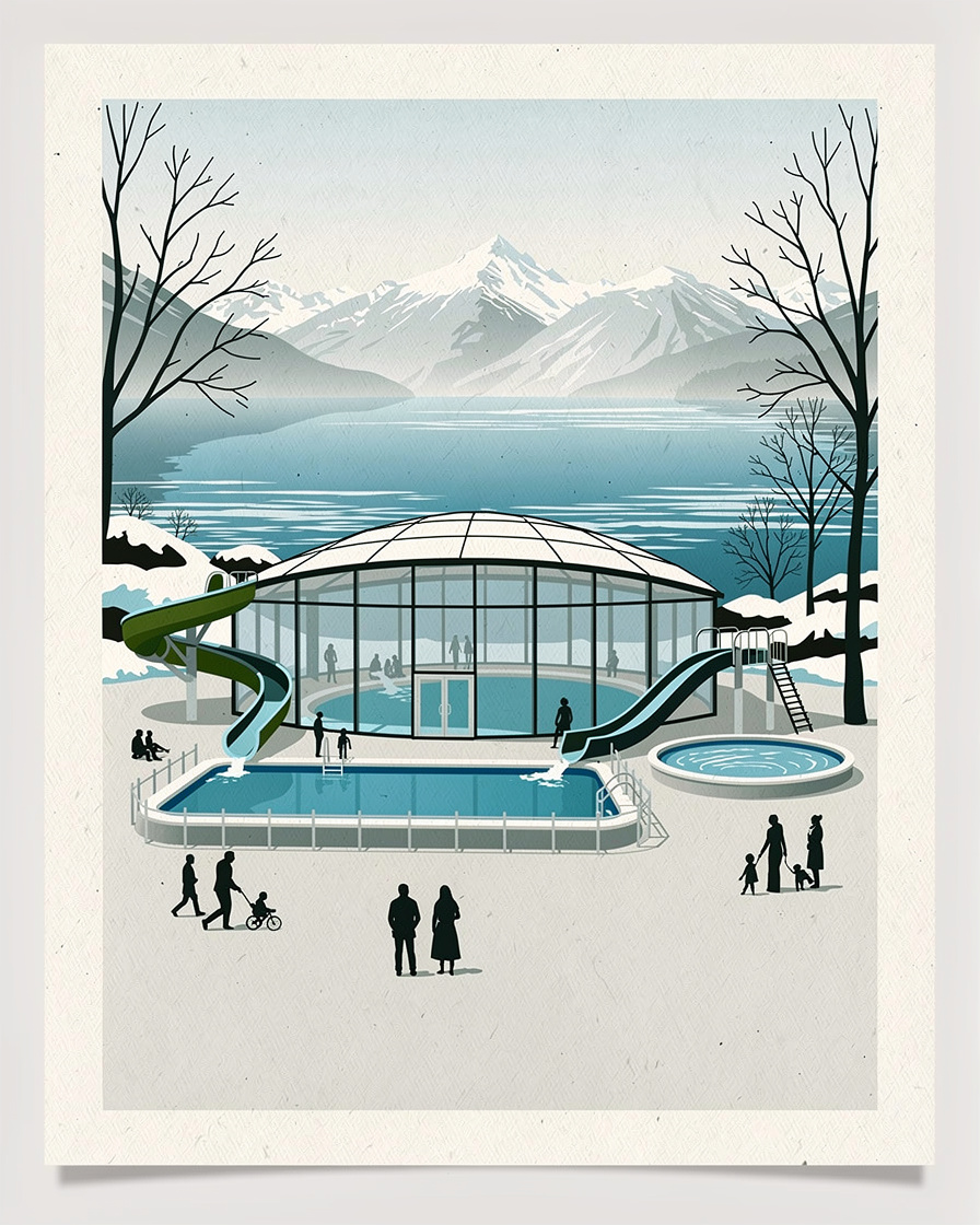 Piscine couverte chauffée d'un camping familial près du lac d'Annecy, toboggans et jacuzzi extérieur visibles