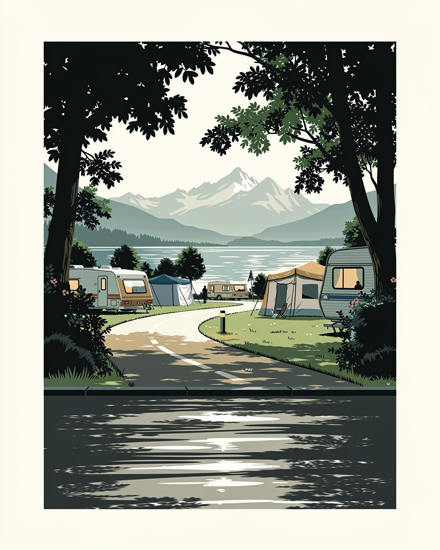 Camping en bord de lac sur la rive ouest d'Annecy, tentes et mobil-homes entre la piste cyclable et l'eau, montagnes en arrière-plan