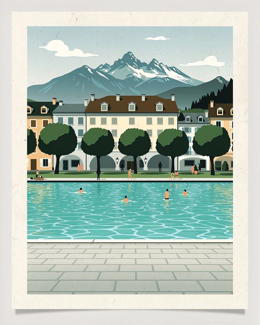 Plage d'Albigny à Annecy un matin d'été, baigneurs entrant dans une eau turquoise et transparente, pelouse et platanes derrière, montagnes au fond