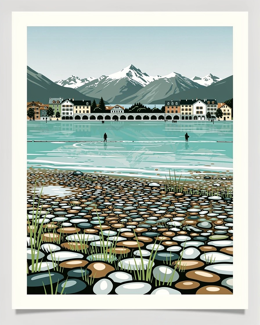 Plage d'Angon à Talloires-Montmin sur la rive est du lac d'Annecy, galets et eau turquoise, montagnes en arrière-plan