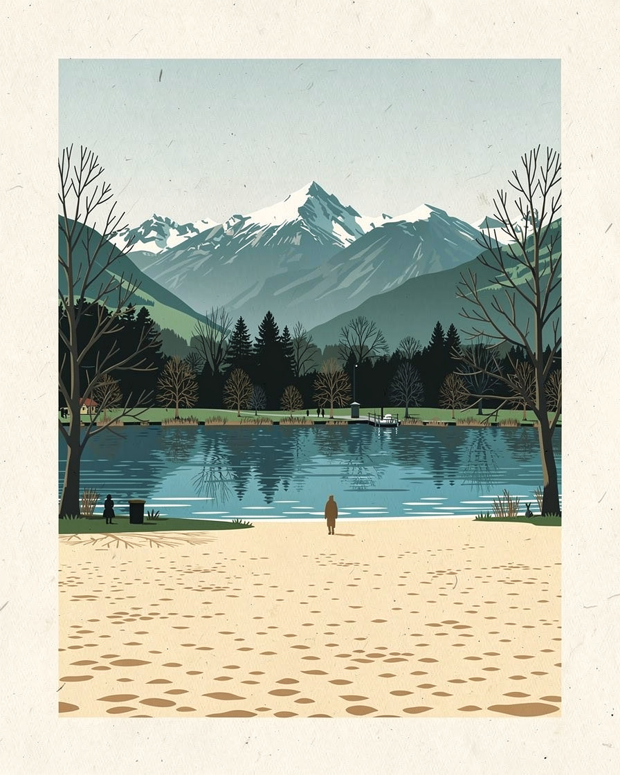 Plage de Doussard au sud du lac d'Annecy, avec vue sur la réserve naturelle du Bout-du-Lac et les montagnes environnantes