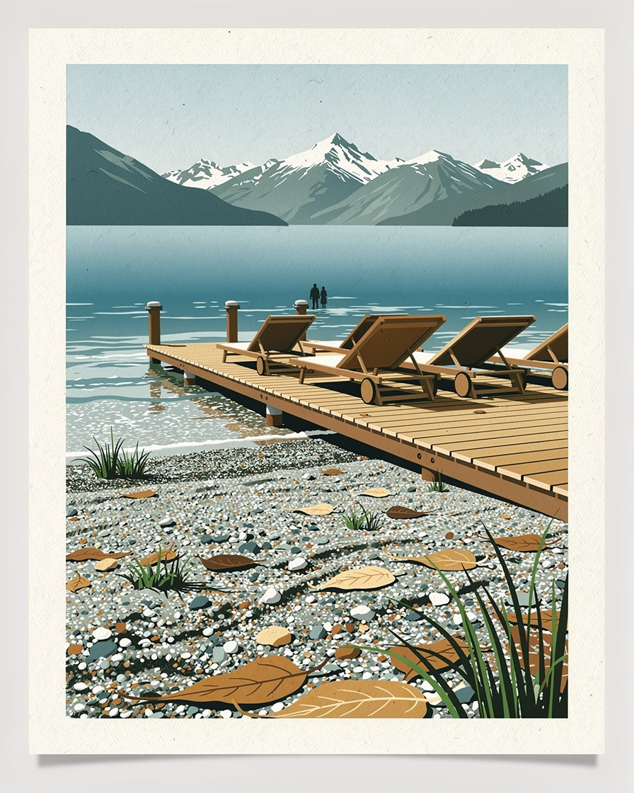 Plage privée et ponton d'un camping au bord du lac d'Annecy à Doussard, transats alignés face à l'eau
