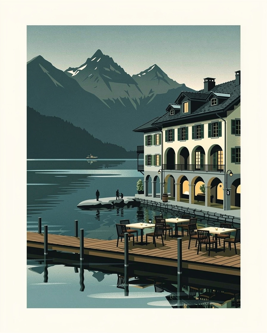 Ponton en bois et terrasse d'un restaurant au bord du lac d'Annecy à Veyrier-du-Lac, tables installées les pieds dans l'eau