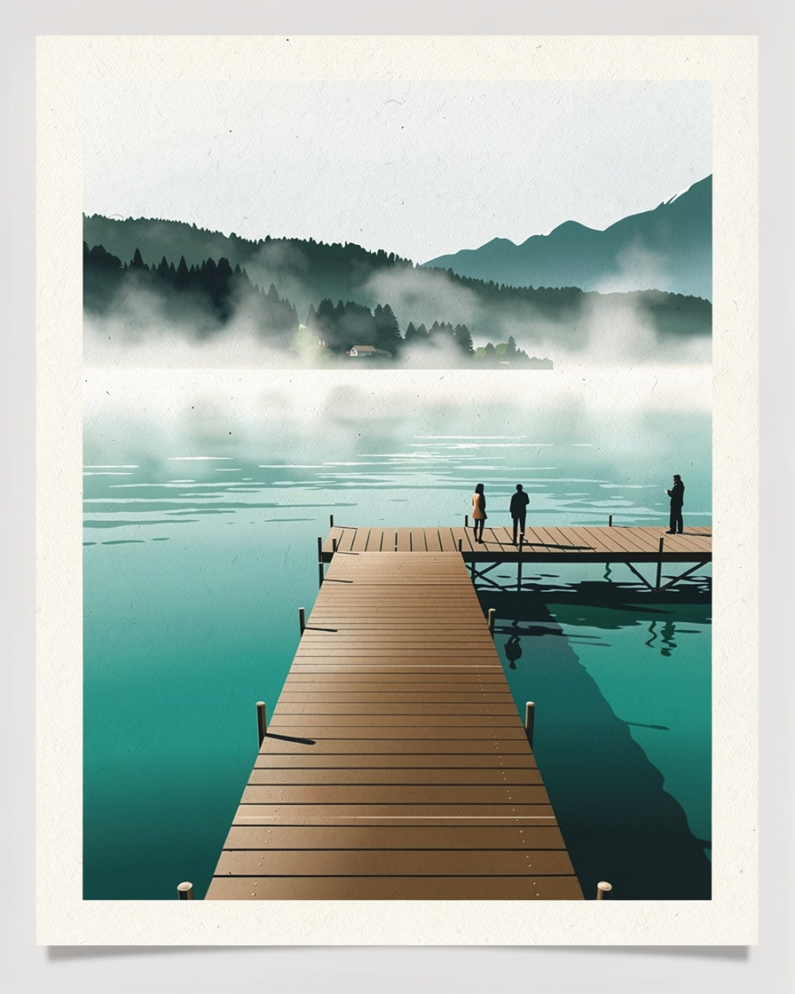 Ponton en bois sur le lac d'Annecy au petit matin, eau turquoise parfaitement lisse, brume légère et rive boisée de Sevrier au fond