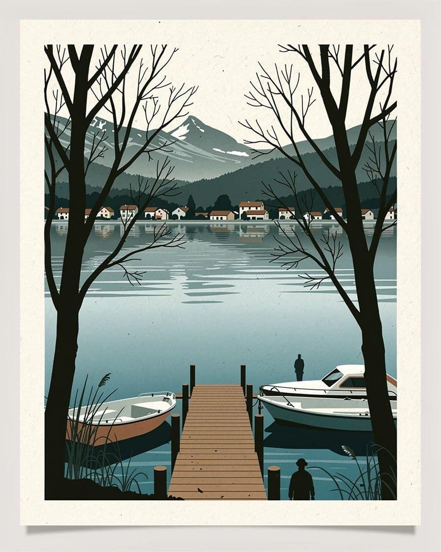 Lake Annecy shore at Sévrier, wooden jetty and moored rowing boats near the village
