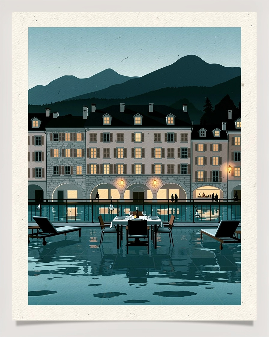 Terrasse d'hôtel avec table dressée donnant sur le lac d'Annecy et les montagnes, chaises longues au premier plan