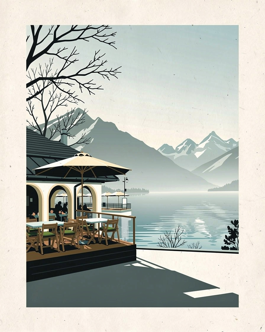 Terrasse de restaurant savoyard en vieille ville d'Annecy avec tables en bois et parasols, ruelle pavée en arrière-plan