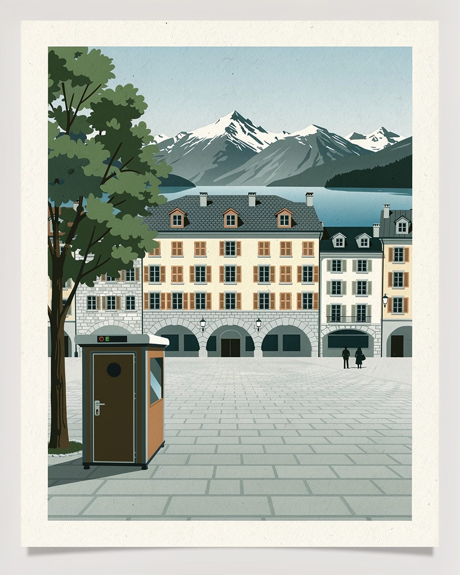 Cabine de toilettes publiques en libre-service sur un large trottoir d'Annecy